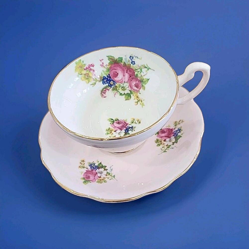 EB Foley Teacup And Saucer, Pattern # 3201, Light Pink With Multicolor Floral.